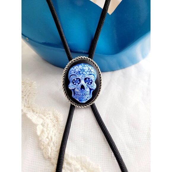 Royal Blue Sugar Skull Silver Tip Black Western Southwest Bolo Tie Necklace Pend - Picture 3 of 6